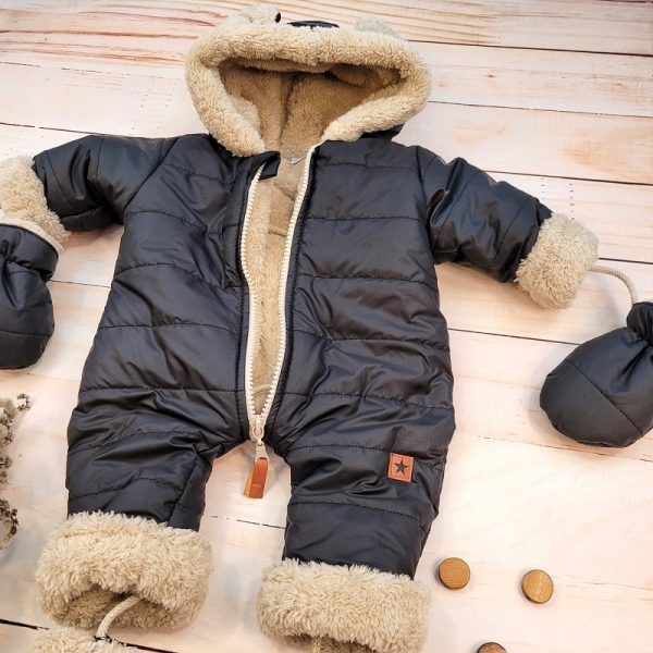 Zimná prešívaná detská kombinéza s kožúškom a kapucňou + rukavičky + topánočky, z&z - čierna