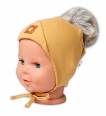 Baby Nellys Bavlnená dvojvrstvová čiapka s brmbolcom na zaväzovanie Star - horčicová