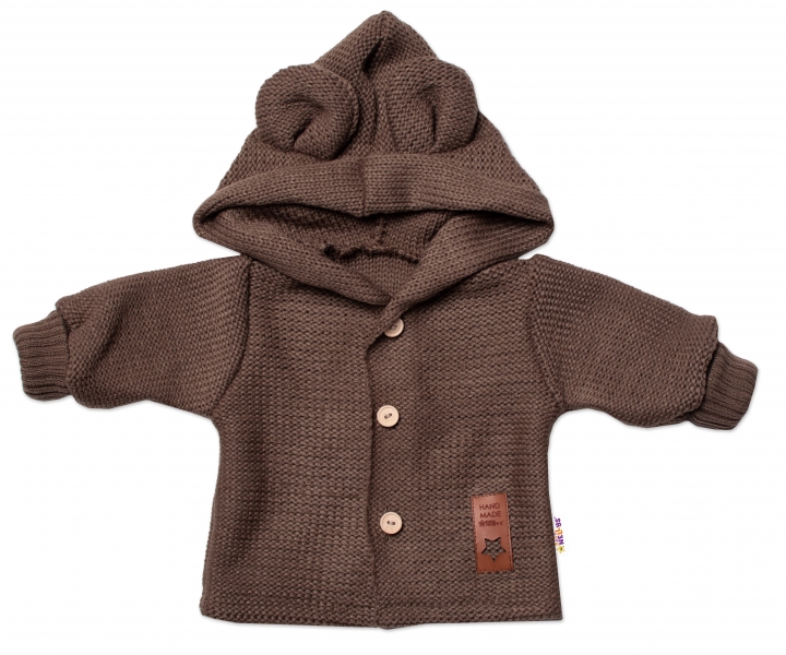 Detský eshop: Elegantný pletený svetrík s gombíkmi a kapucňou s uškami baby nellys, hnedý