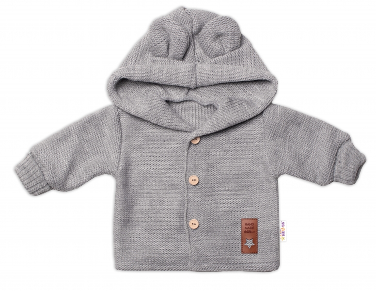 Detský eshop: Elegantný pletený svetrík s gombíkmi a kapucňou s uškami baby nellys, sivý