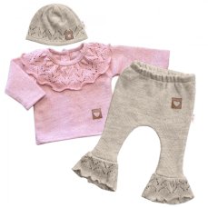 Detský eshop: Pletená súpravička s volánikom heart, 3d, kabátik, nohavice a čiapočka, ružová/béžová