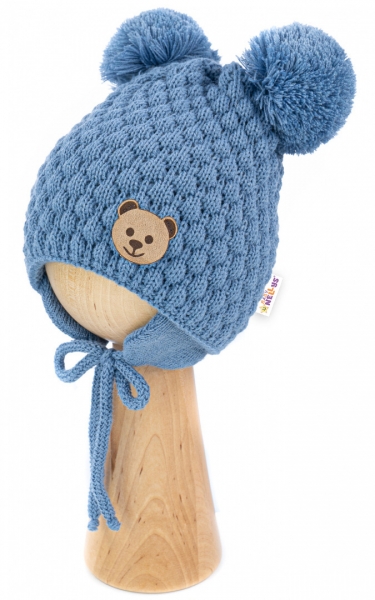 Detský eshop: Zimná pletená čiapočka teddy medvedík na zaväzovanie, modrá, značka Baby Nellys