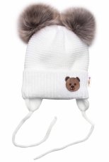 BABY NELLYS Zimná čiapka s fleecom Teddy Bear - chlupáčk. bambuľky - biela, šedá