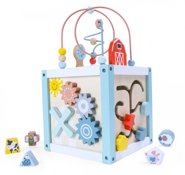 Detský eshop: Edukačná drevená kocka s labyrintom 5v1 eco toys, modrá