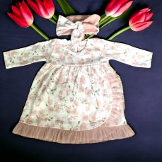Šaty s tylovým lemom s dlhým rukávom, Kvety višní, Mamatti, smotanovo/púdrové