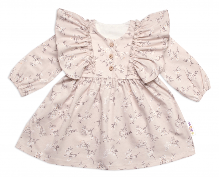 Detský eshop: Dojčenské šaty s dlhým rukávom s volánikmi sára, bavlna, mrofi, cappucino