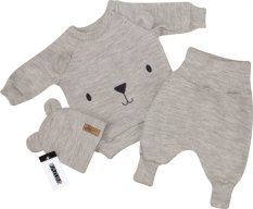Detský eshop: Pletená dojčenská sada 3d medvedík, svetrík, tepláčiky + čiapočka kazum, béžová