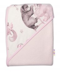 Detský eshop: Detská termoosuška s kapucňou baby nellys, zvieratká na mráčiku, 100 x 100 cm, ružová