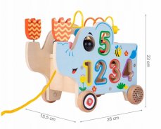 Edukačný drevený slon s kolieskami, labyrintom a číslami, zančka TULIMI