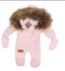 Z & Z Zimná Detská kombinéza s kapucňou a kožušinou + rukavičky, ružová
