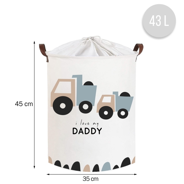 Detský eshop: Kôš/box na hračky, uzatvárateľný, tulimi, bavlna - trucks love daddy - biely, 43 l