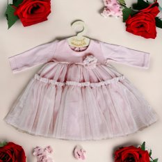 Detský eshop: Body/šaty s tylom s dlhým rukávom, mamatti, kvety višní, púdrovo ružové