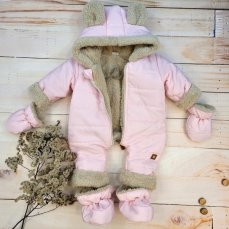 Zimná prešívaná Detská kombinéza s kožúškom a kapucňou + rukavičky + topánočky, Z&Z - ružová