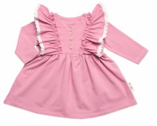 Dojčenské šaty s dlhým rukávom s volánikmi Amálka, bavlna, Mrofi, púdrovo ružové