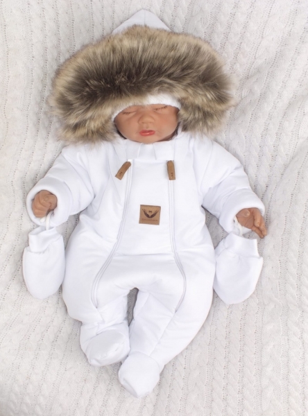 Z&Z Zimná Detská kombinéza s dvojitým zipsom, kapucňou a kožušinou + rukavičky, Angel - biela