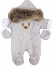 Z&Z Zimná Detská kombinéza s dvojitým zipsom, kapucňou a kožušinou + rukavičky, Angel - sivý