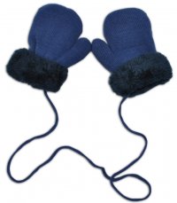YO! Zimné detské rukavice s kožušinou - šnúrkou YO - jeans/granátová kožušina