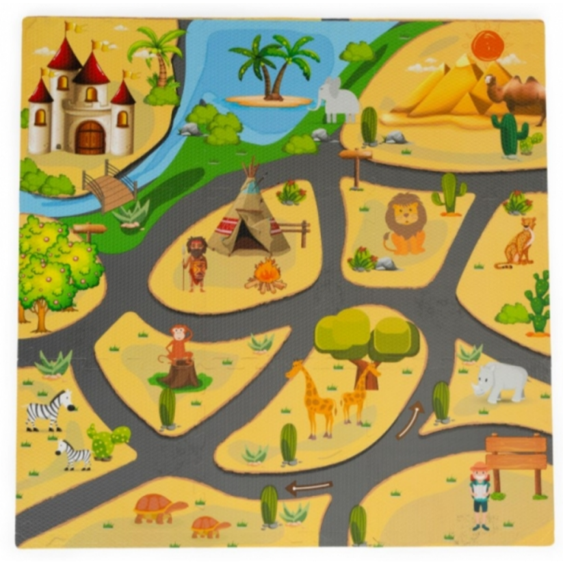 Detský eshop - Detské penové puzzle 93,5x93,5cm, hracia deka, podložka na zem Safari, 9 dielov