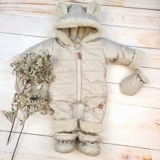 Zimná prešívaná Detská kombinéza s kožúškom a kapucňou + rukavičky + topánočky, Z&Z - béžová